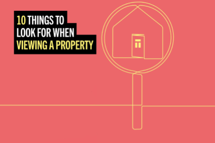 Line drawing of a magnifying glass with a house within it, overlaid with text reading "10 things to look for when viewing a property"