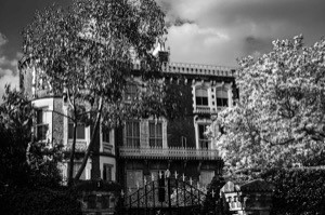 Black and white image of a large townhouse-style property