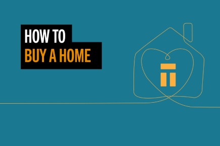 Line drawing of a house with a heart within it, overlaid text reads "How to buy a home"